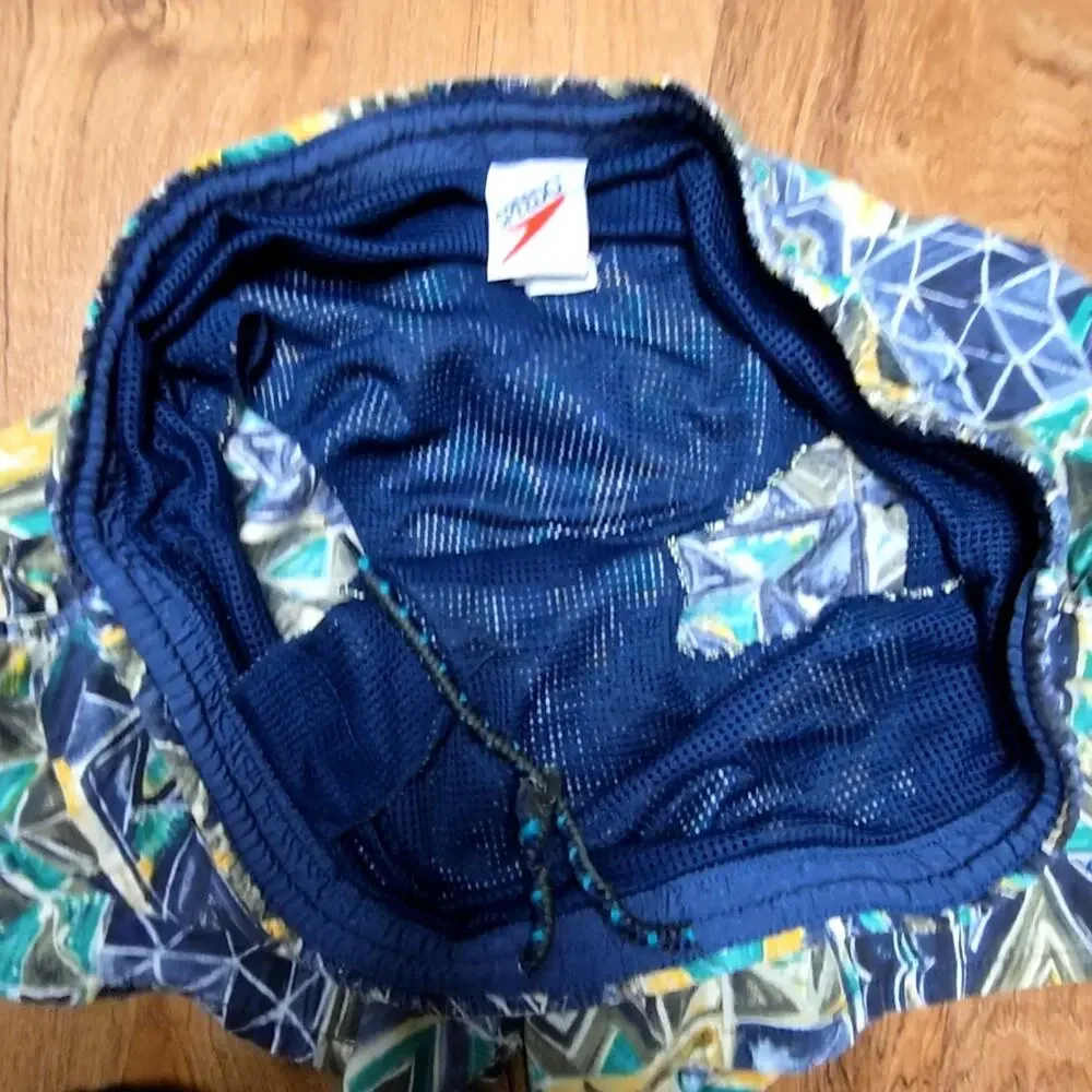 Vintage Speedo Mens Swim Trunks Geometric Print Multicolor Mesh Liner Large